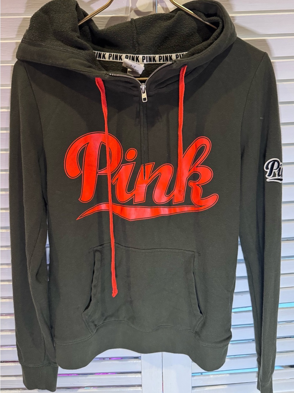 PINK Victoria’s Secret Olive Green Logo Hoodie Red Graphic S